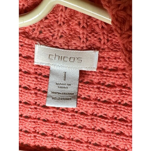 Chico’s Open Front Crochet Knit Cardigan Coral Sz 1 - Picture 4 of 6